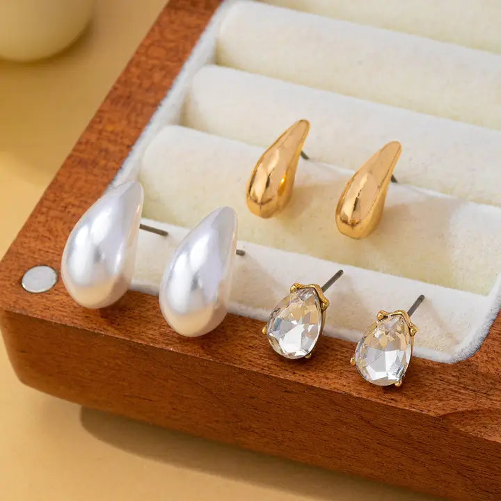 Teardrop Trio Studs - Gold