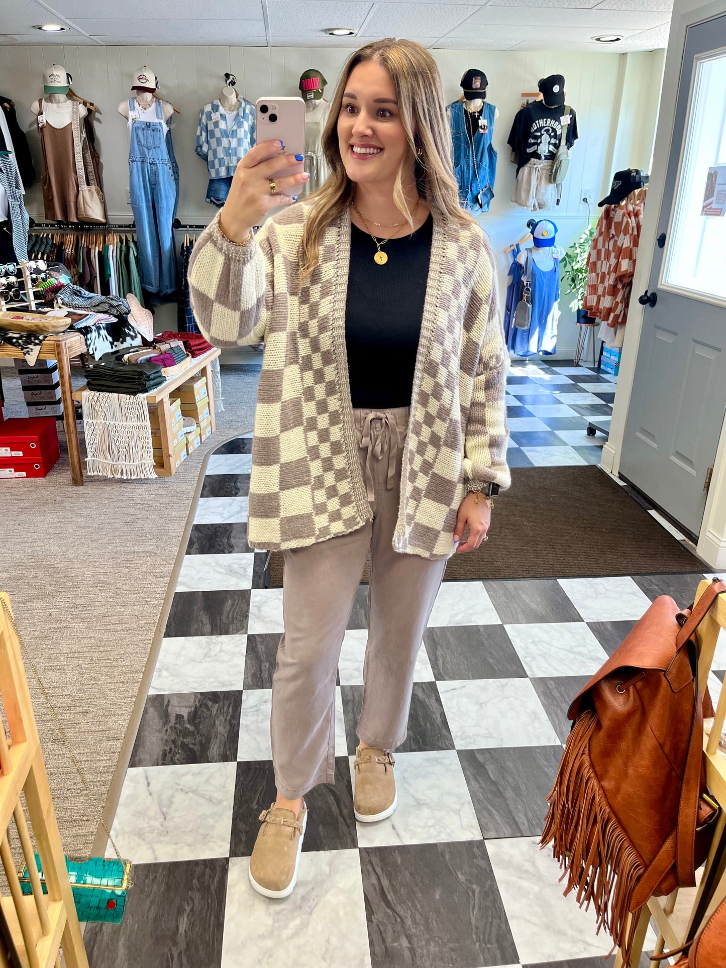 Whitney Checkered Cardigan - Taupe