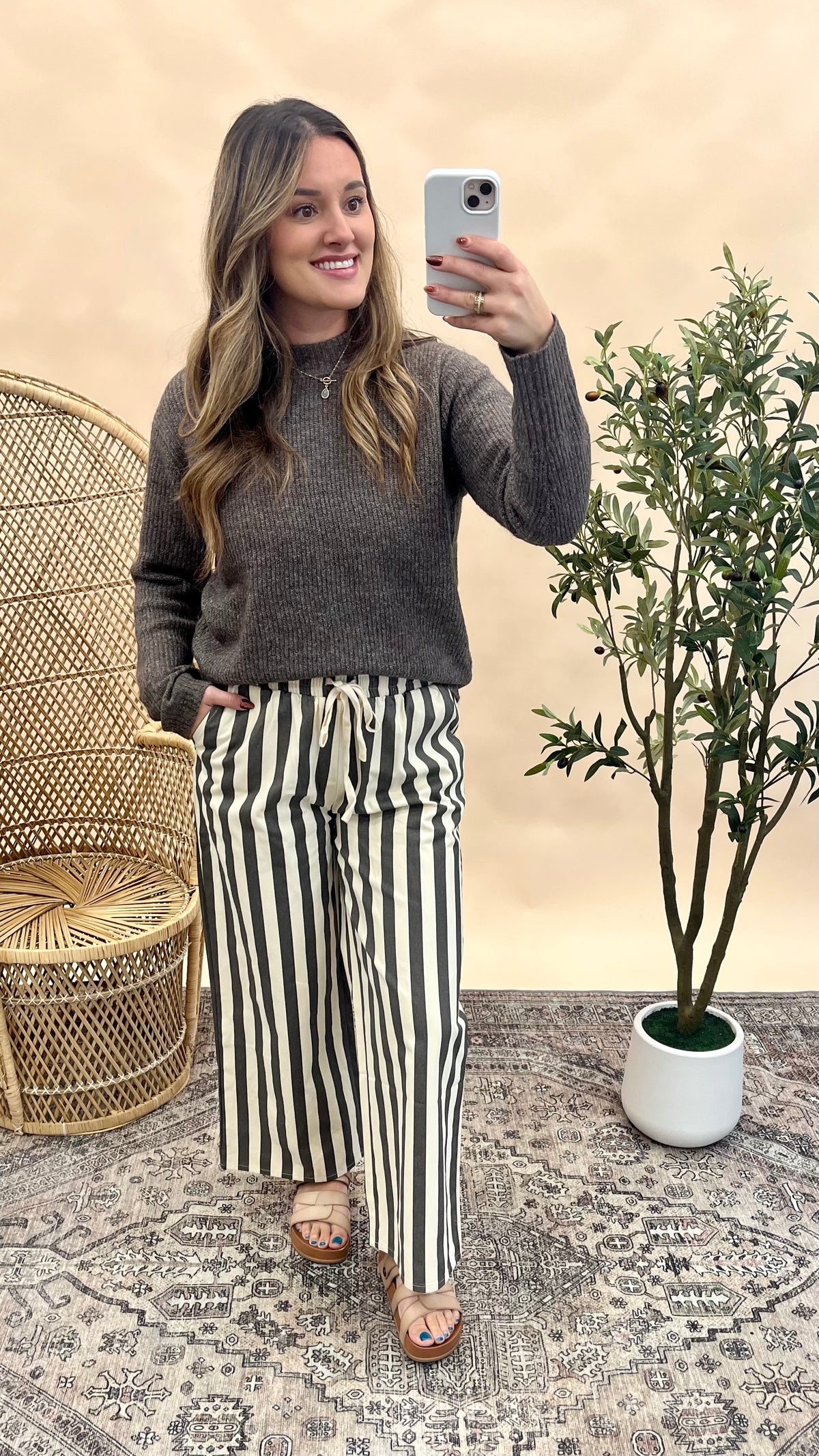 Luci Striped Drawstring Pants - Cream/Charcoal