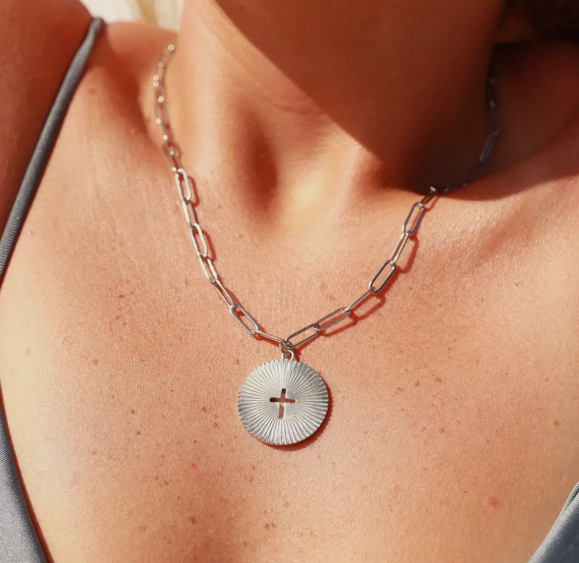 18K Gold Sunburst Cross Charm Necklace