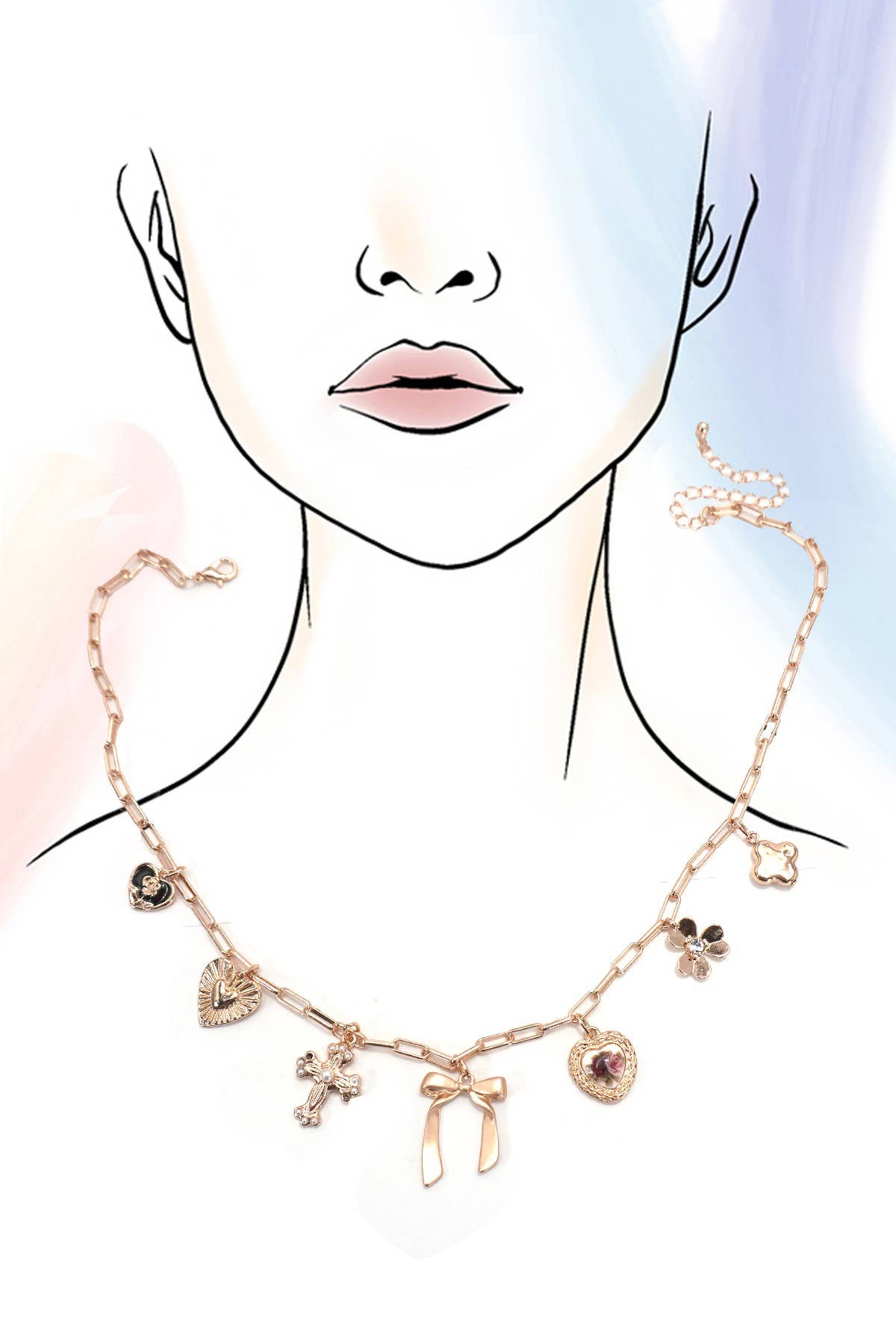 Heart Cross Bow Charm Necklace