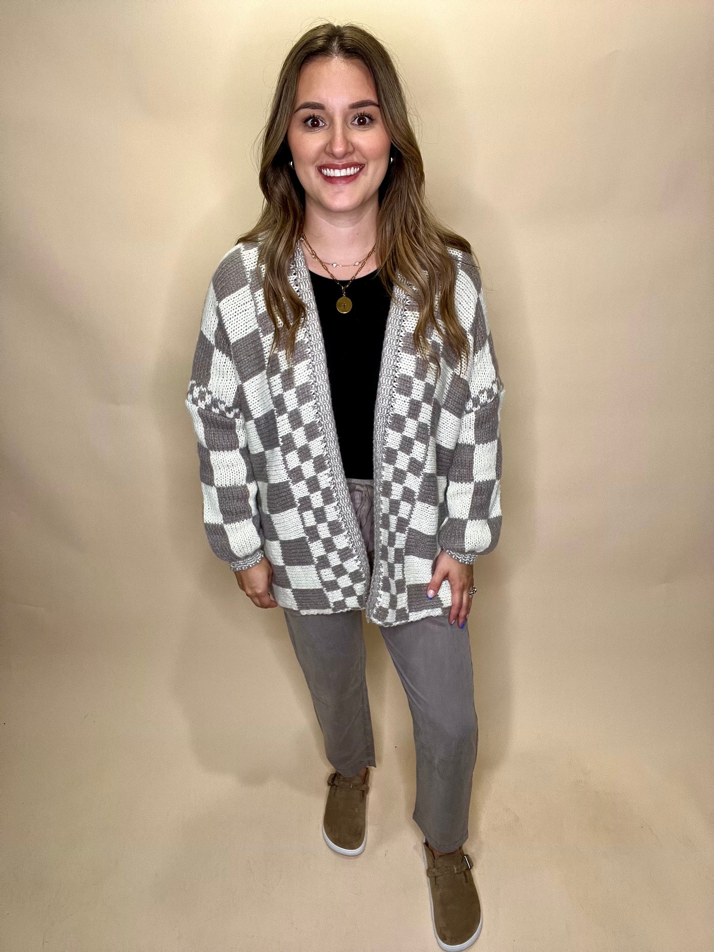 Whitney Checkered Cardigan - Taupe