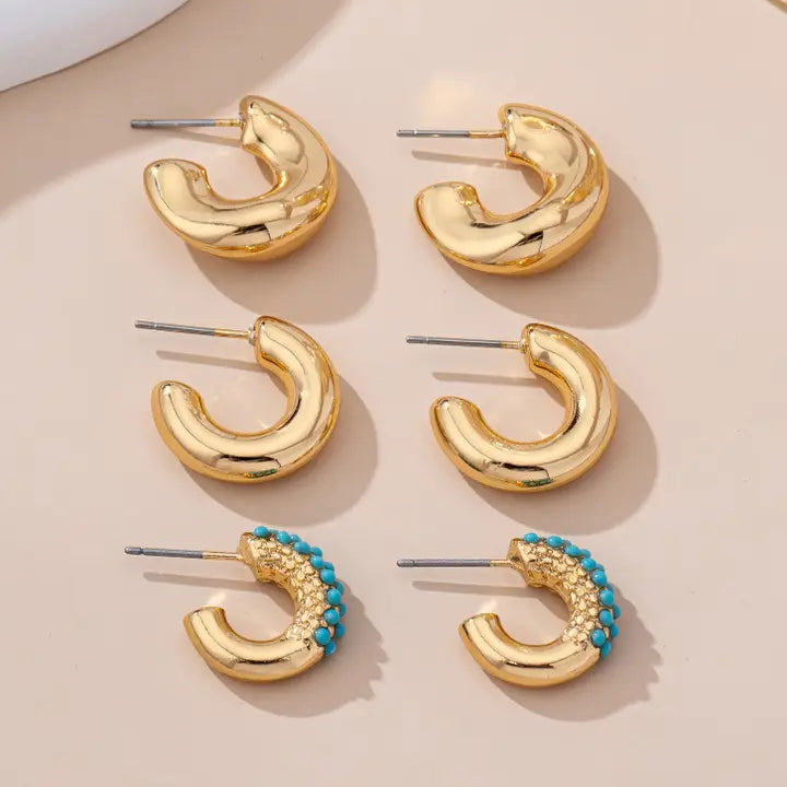 Turquoise Hoop Trio Set - Gold