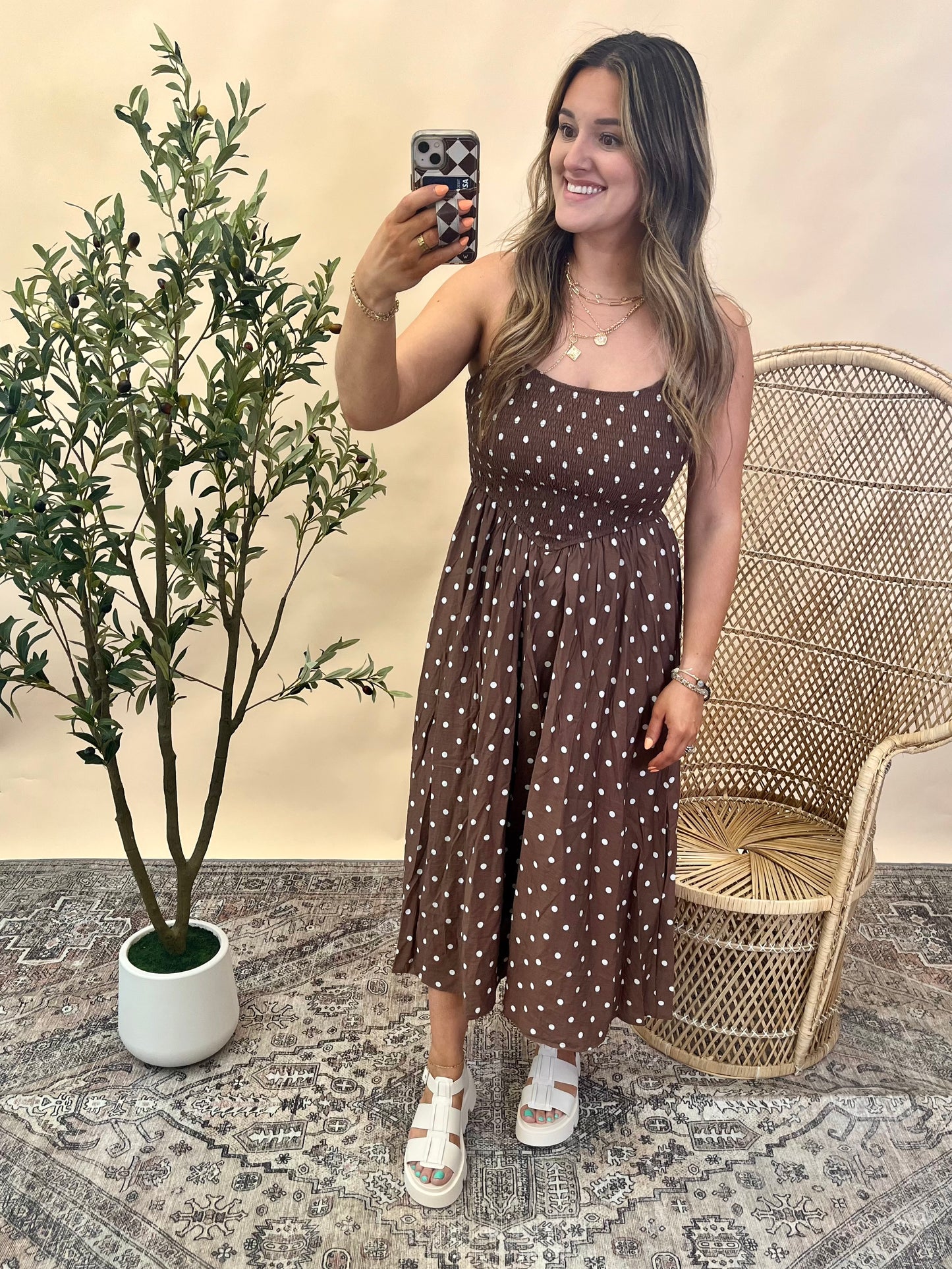 Polka Dot Midi Dress - Brown