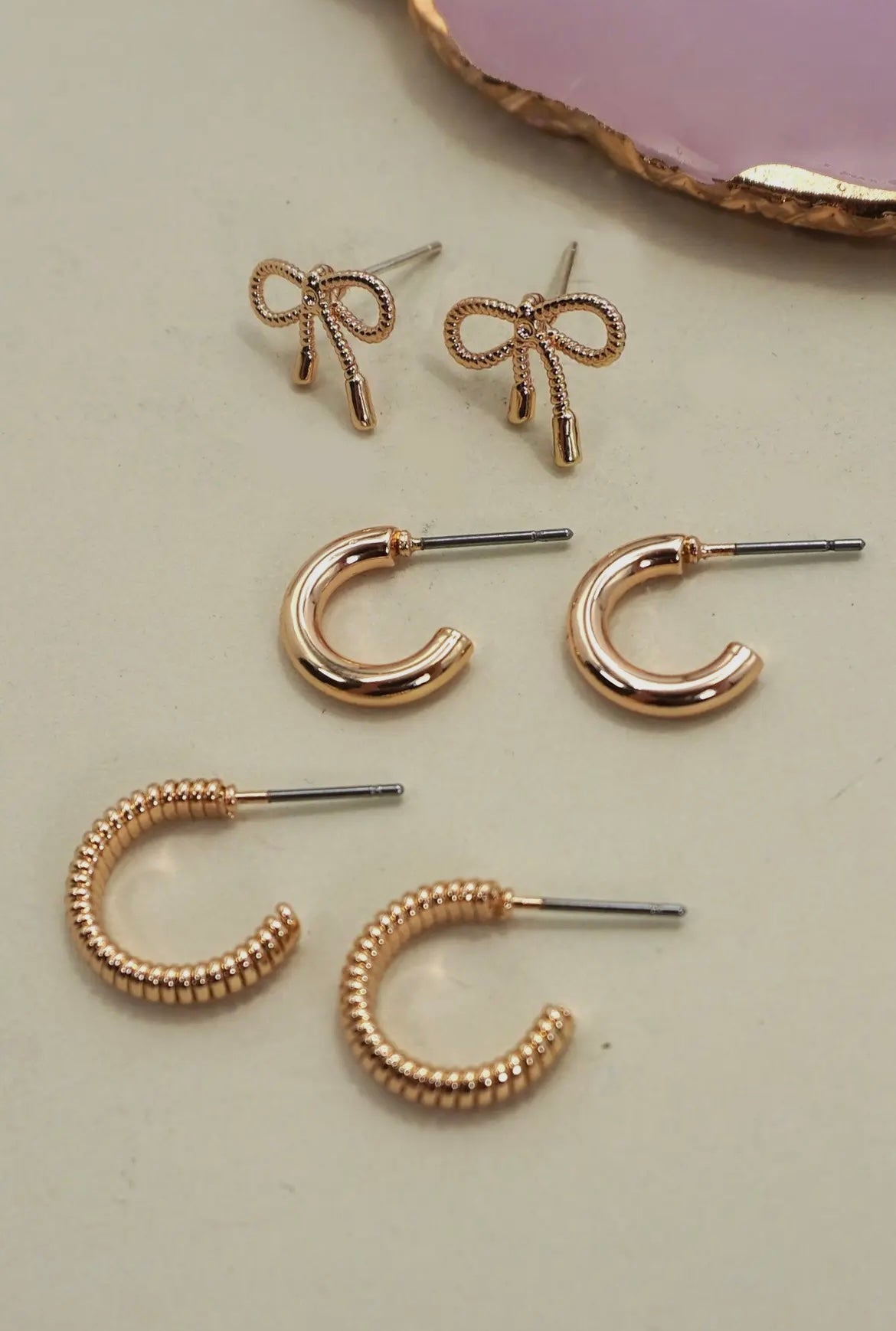 Mini Bow Hoop Trio Set - Gold