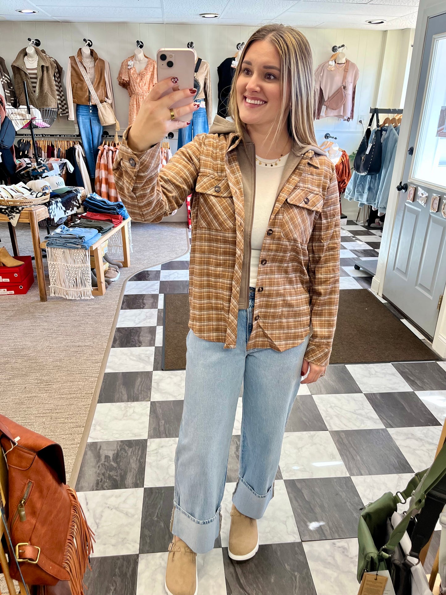 Meadow Hooded Plaid Jacket - Caramel