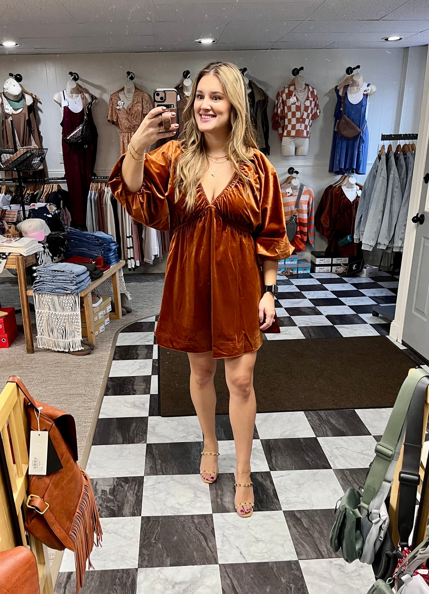 Allie Velvet Dress - Rust