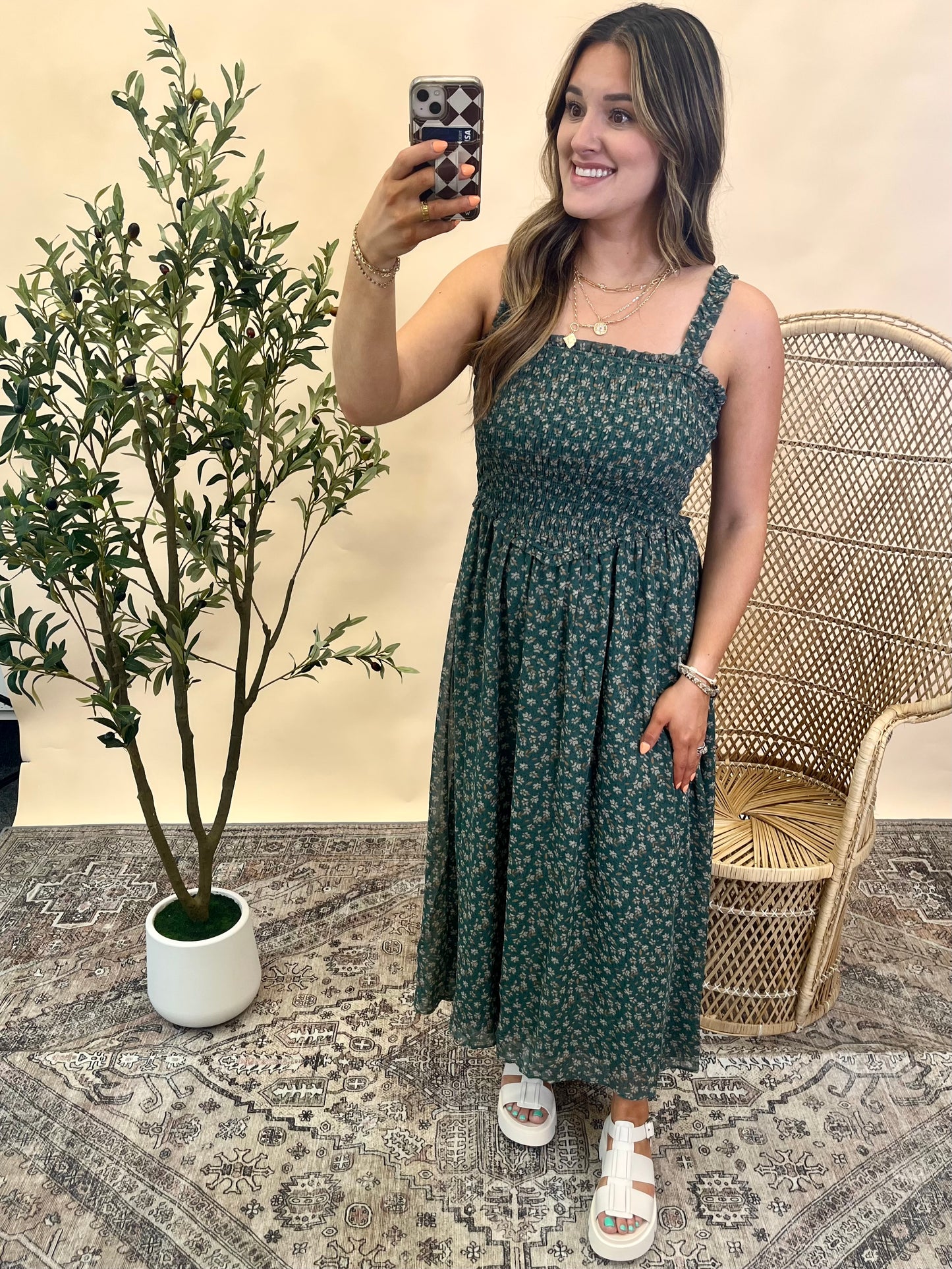 Agave Green Floral Smocked Midi Dress