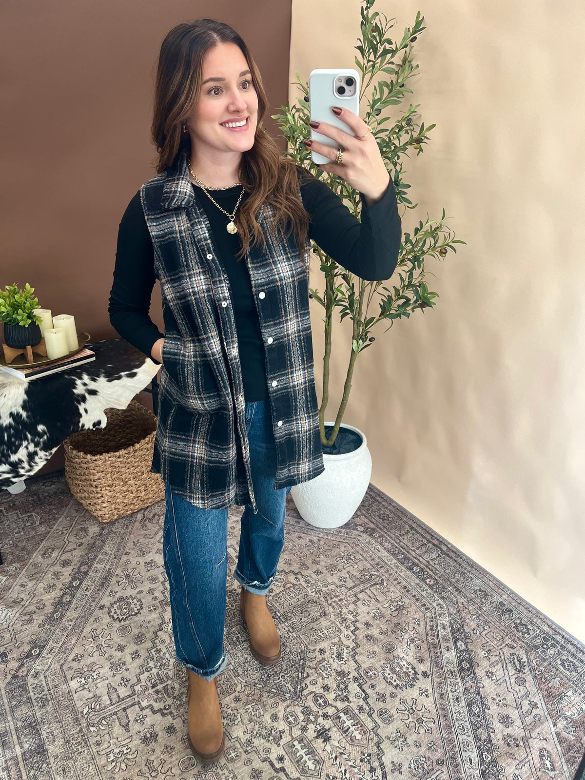 Tia Vest - Black Plaid