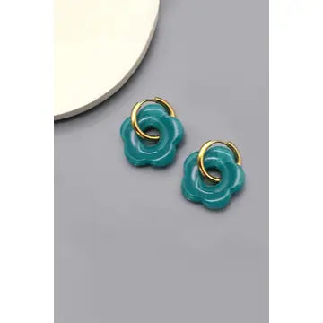 Flower Charm Hoops - Teal