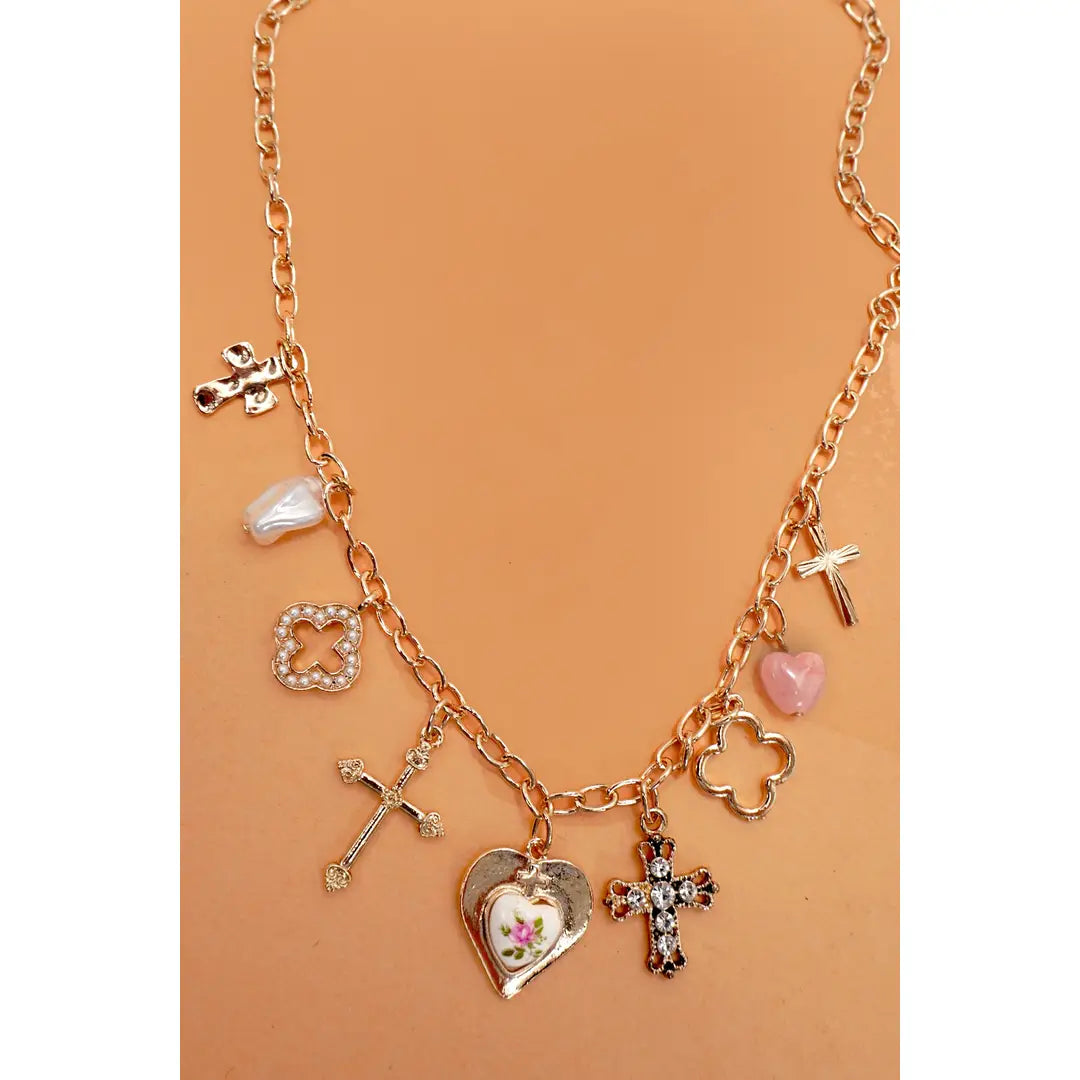 Clover Cross Porcelain Charm Necklace - Gold