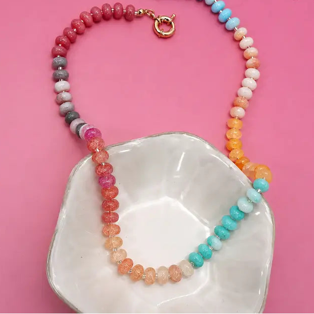 Natural Stone Glass Beaded Necklace - Pinks/Blues