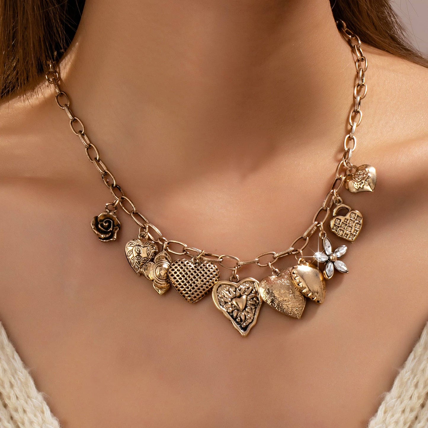 Heart Charm Necklace - Vintage Gold