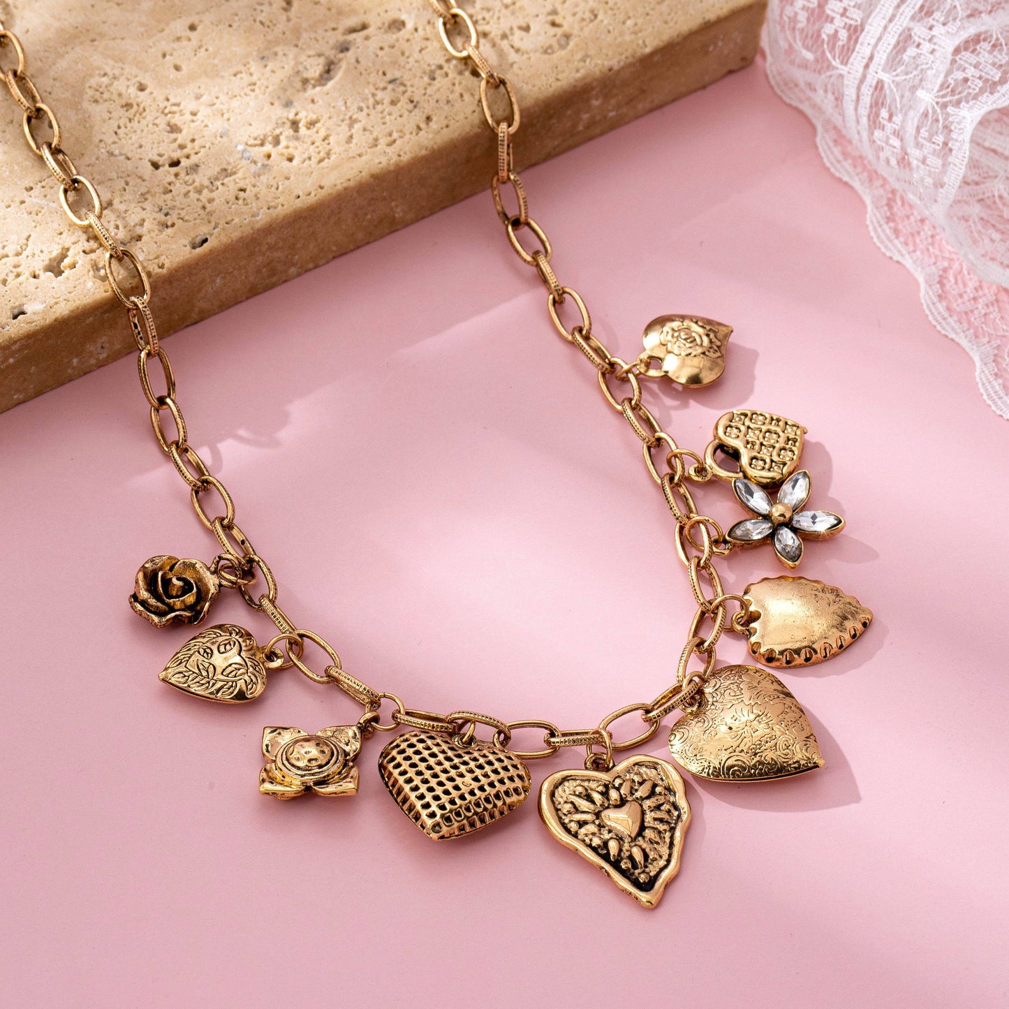 Heart Charm Necklace - Vintage Gold