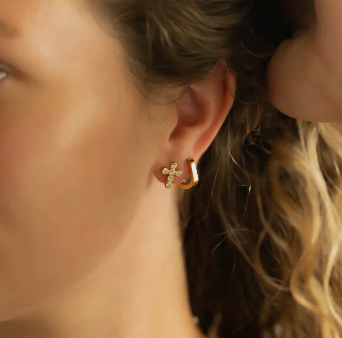 Crystal Cross Stud Earrings - Gold
