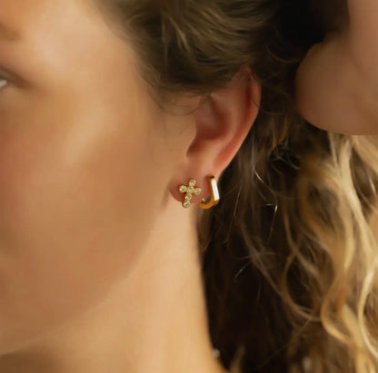 Crystal Cross Stud Earrings - Gold