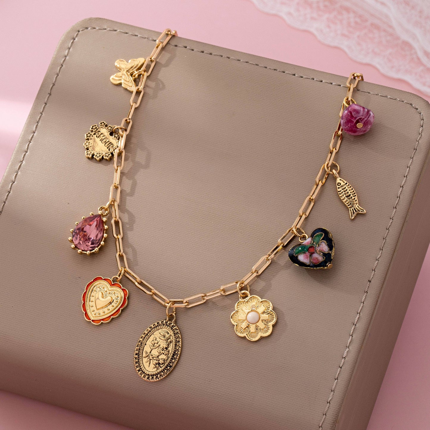 Heart Cloisonne Charm Necklace - Gold