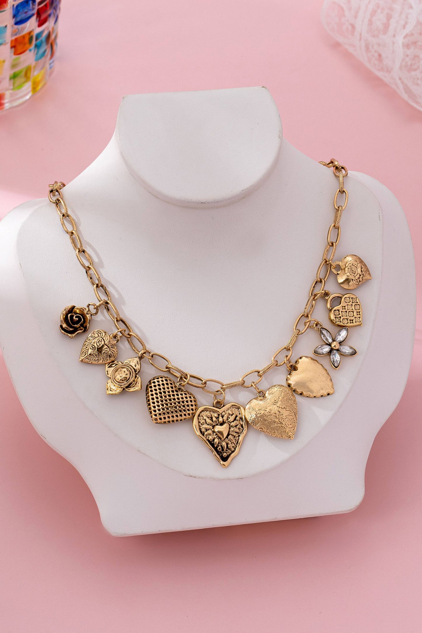 Heart Charm Necklace - Vintage Gold