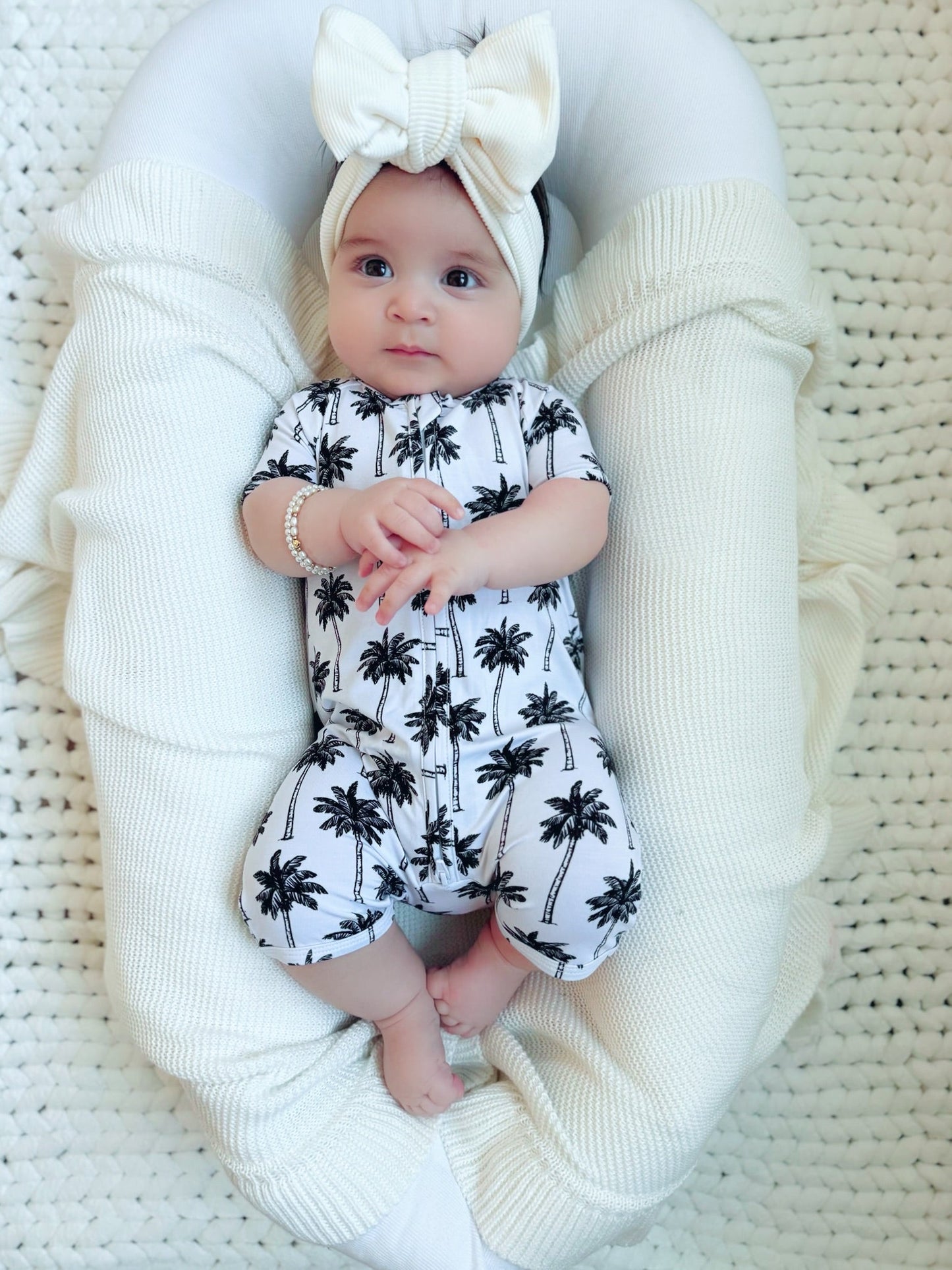 Bamboo Shorty Romper  | Palm Style White