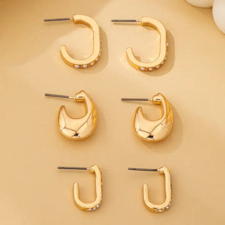 Rhinestone Pearl Trio Hoop Set - Gold