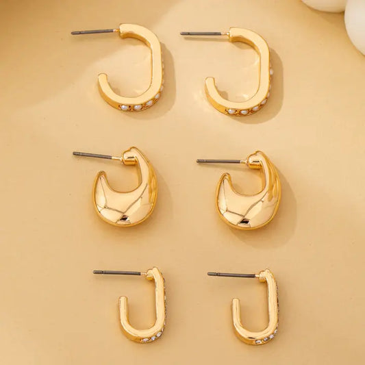 Rhinestone Pearl Trio Hoop Set - Gold