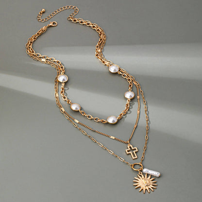 Sun Pearl Cross Multilayer Necklace