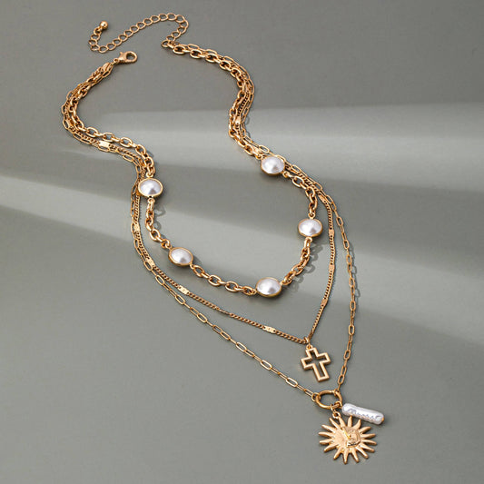 Sun Pearl Cross Multilayer Necklace