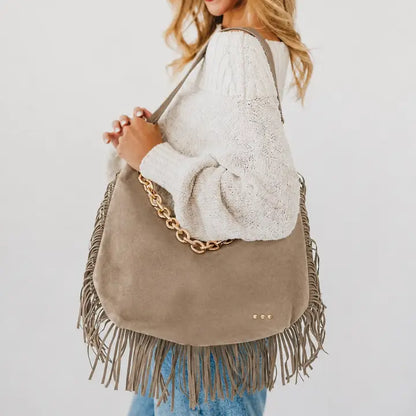 Loretta Suede Fringe Sloughy Bag - Taupe