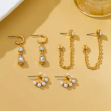 Crystal Dangle Trio Set - Gold
