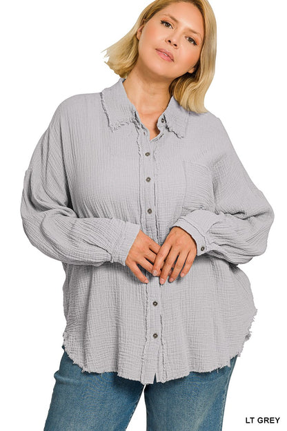 Gail Gauze Button Up - Light Gray
