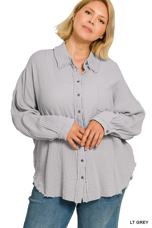 Gail Gauze Button Up - Light Gray