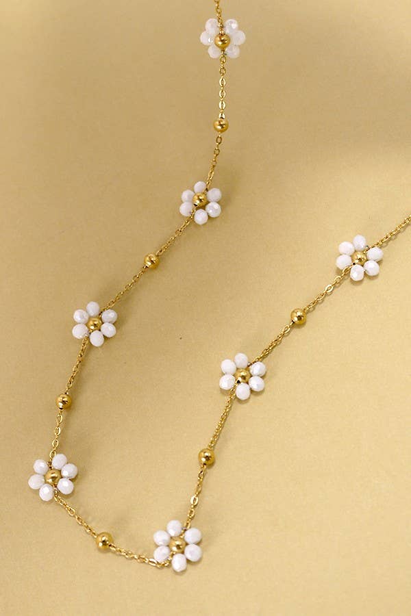 Beaded Flower Necklace - White
