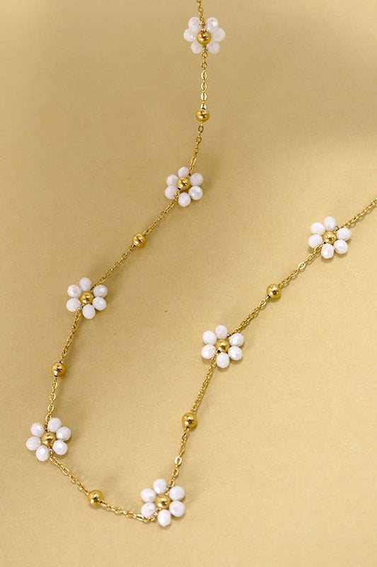 Beaded Flower Necklace - White