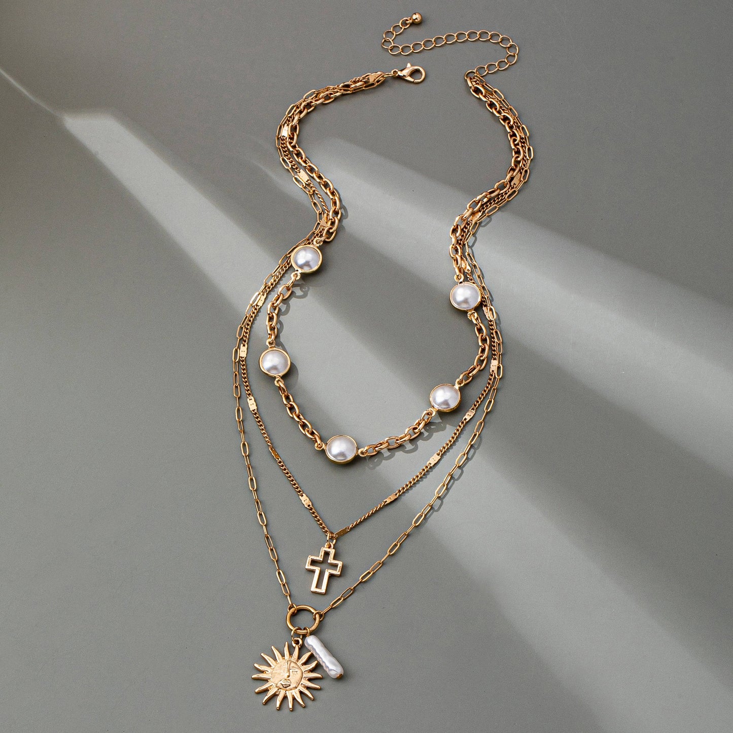 Sun Pearl Cross Multilayer Necklace