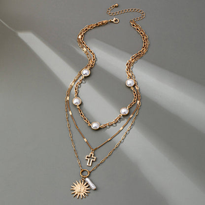 Sun Pearl Cross Multilayer Necklace