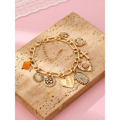 Cross Heart Oval Motifs Charm Bracelet - Gold