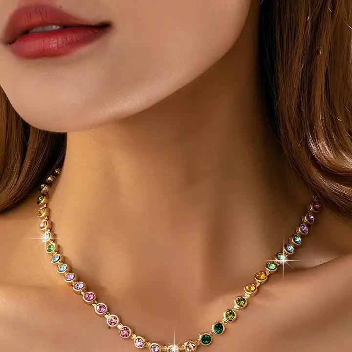 Rainbow Gemstone Tennis Necklace - Gold