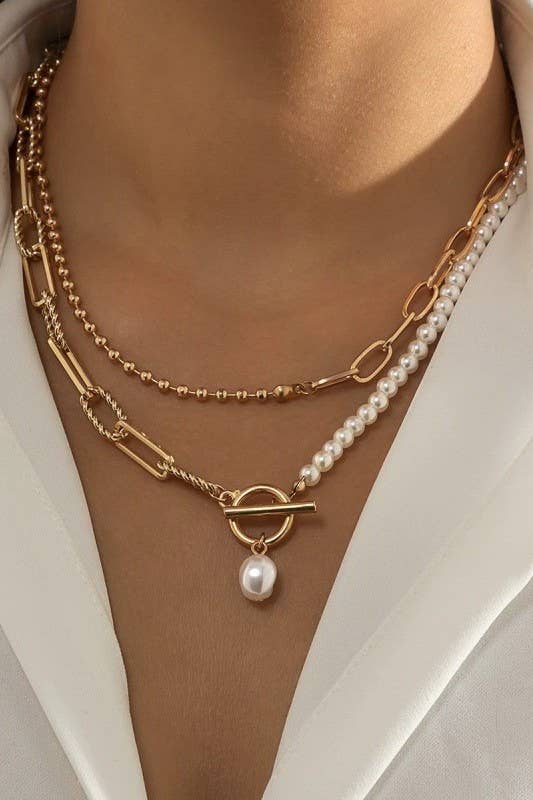 Pearl Mix Double Layer Necklace - Gold