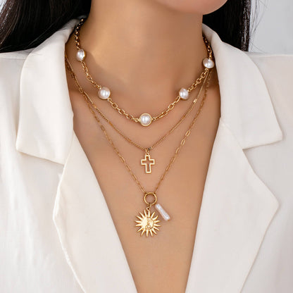 Sun Pearl Cross Multilayer Necklace