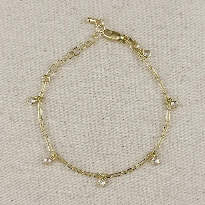 Paperclip w/Bezel CZ Drops Bracelet - 18k Gold Filled
