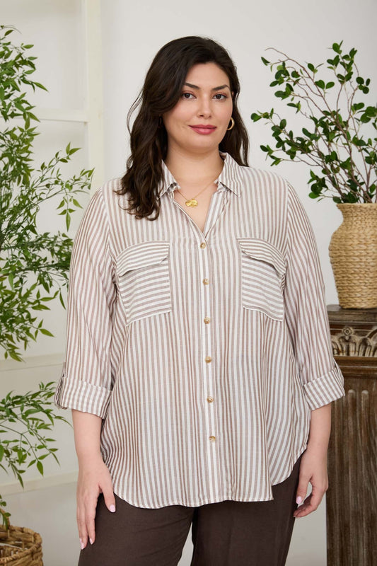 Della Striped Button Down - Brown