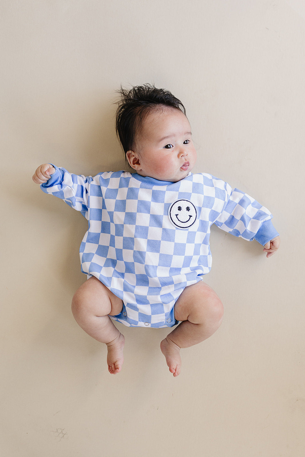 Bubble Romper | Checkered Smiley Blue