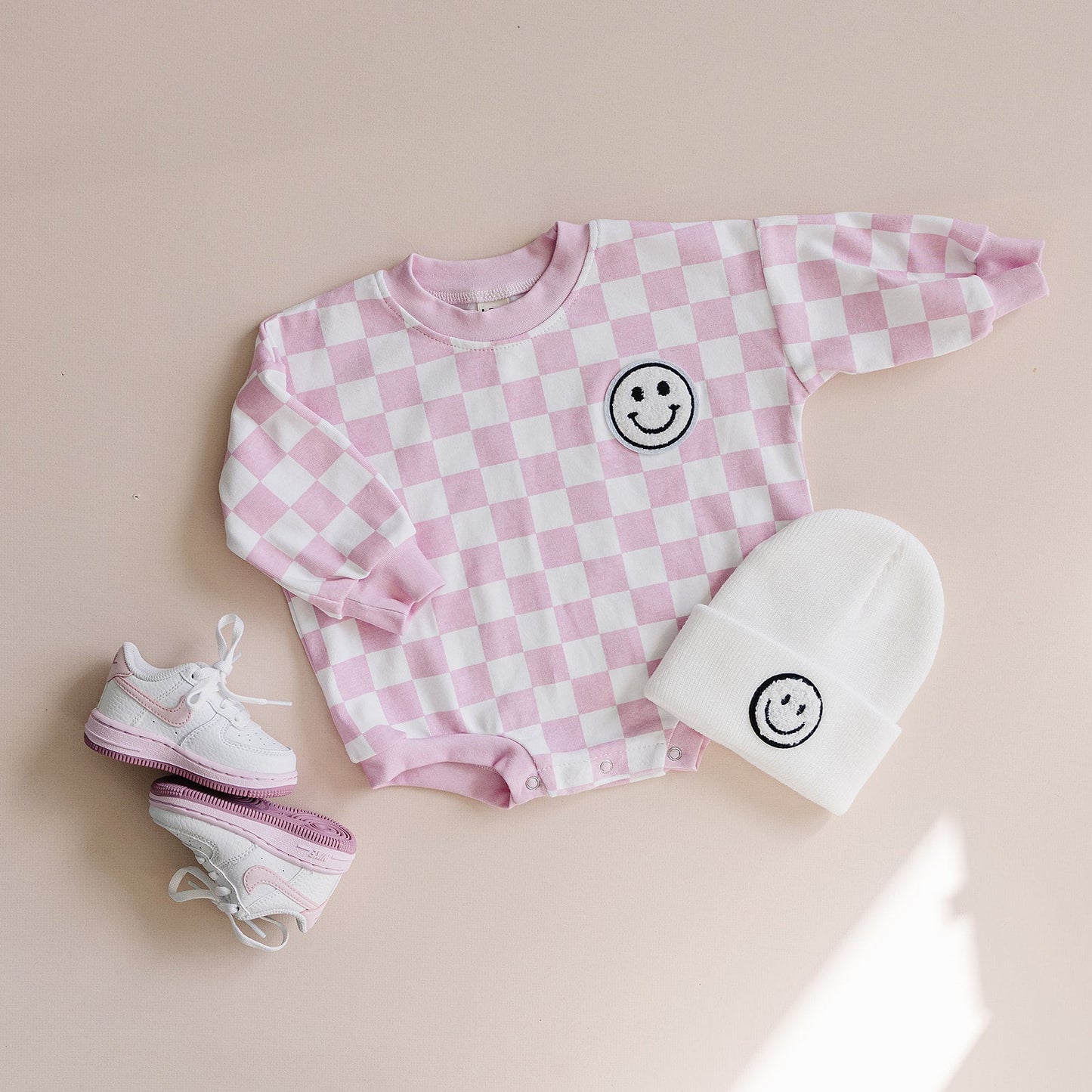Bubble Romper | Checkered Smiley Pink