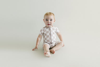 Bamboo Shorty Romper | Latte Checkered