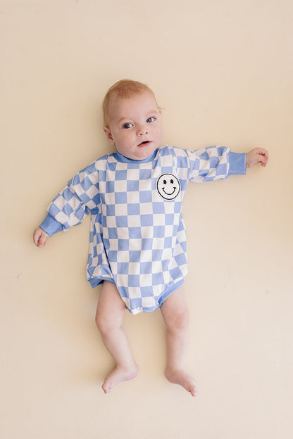 Bubble Romper | Checkered Smiley Blue
