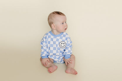 Bubble Romper | Checkered Smiley Blue