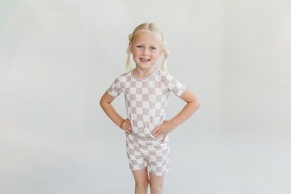 Bamboo Two Piece Shorts Set | Latte Checkered