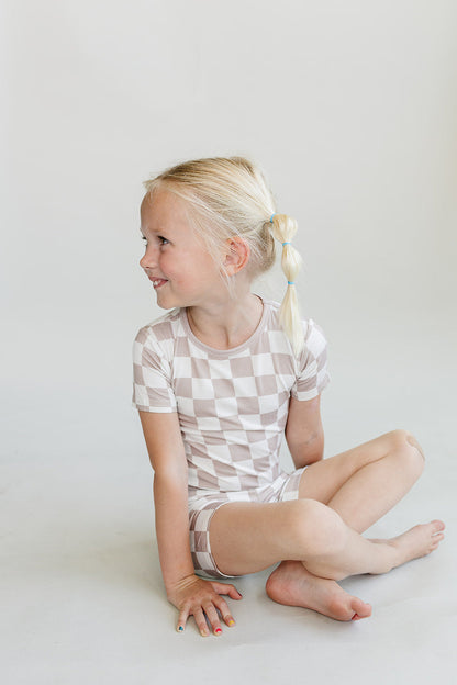 Bamboo Two Piece Shorts Set | Latte Checkered