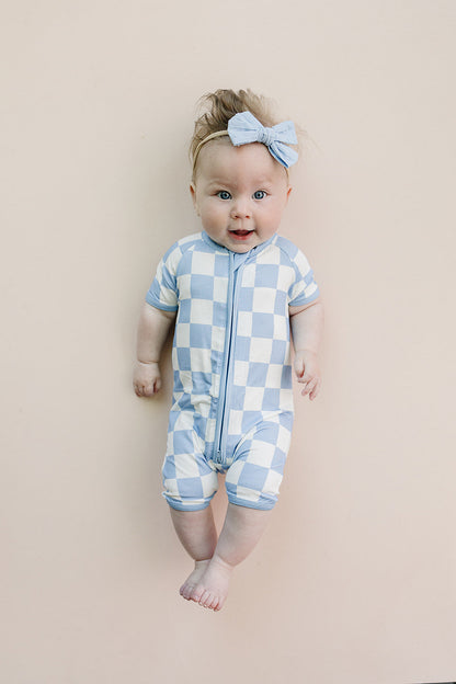 Bamboo Shorty Romper | Blue Checkered
