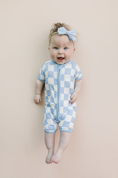 Bamboo Shorty Romper | Blue Checkered